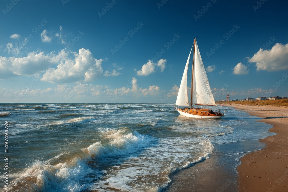 Poster sailing along a serene beach on a bright day with clouds and gentle waves
