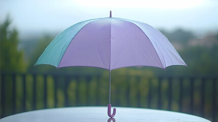 Pastel hues umbrella standing on a terrace during a soft rainy afternoon