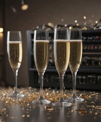 Empty champagne flutes near a mixing console, streamers, confetti ,  celebratory,  night