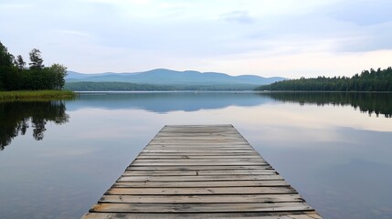 Obraz premium Wooden dock stretching into calm lake with misty mountains beyond