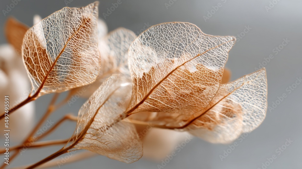 Poster translucent skeleton leaves rest elegantly, catching soft light that highlights their intricate patt