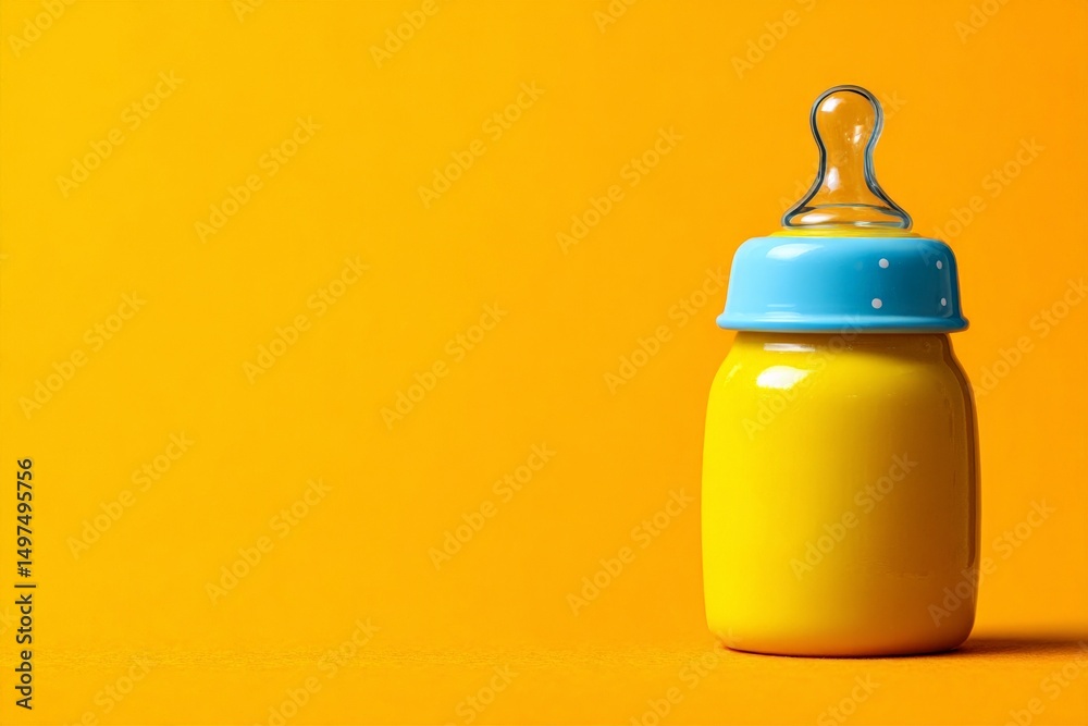 Poster bright yellow baby bottle sits against a bold orange background, creating a cheerful and playful atm