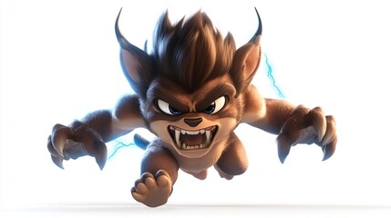 Animated, ferocious, cartoon creature, leaping forward with energy