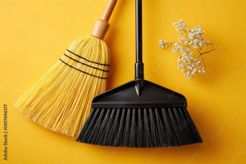 Aufkleber cleaning tools displayed on vibrant yellow background with floral accents, emphasizing a tidy atmosp