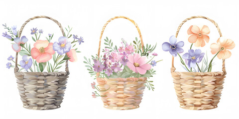 Three watercolor flower baskets, pastel colors