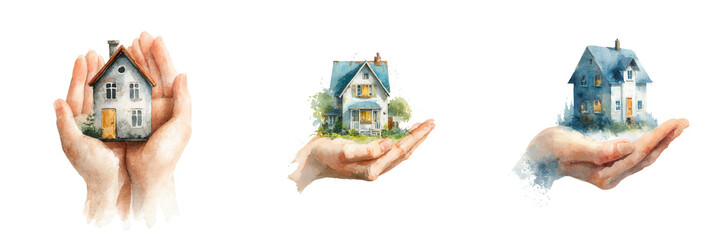 Hands holding beautiful houses in watercolor style art