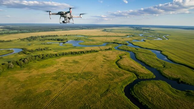 Drone flying over green rural landscape with winding river and trees under blue sky. Aerial view, surveillance, agriculture footage.