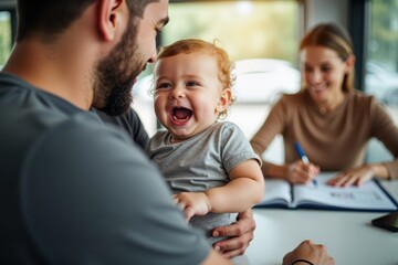 Close-up of a joyful father holding his baby, both faces glowing with excitement under soft dealership lights, while his partner is seen in the background signing car documents