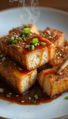 Crispy fried tofu with sauce recipe asian cuisine vegetarian meal healthy food photography