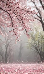 Falling sakura petals, blurred pink and white spring scene, tranquil atmosphere ,  flora,  peaceful,  spring scene