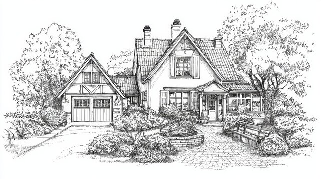 A detailed sketch of an old house highlighting traditional building styles.