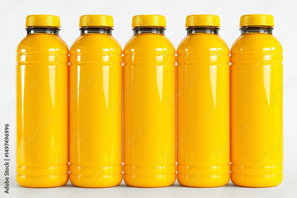 Poster Bright yellow bottles lined up in a row on a plain background showcasing vibrant drink options