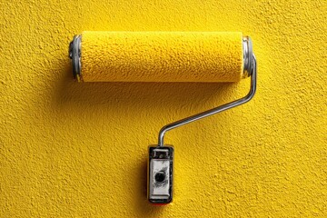 Fototapeta premium Bright yellow paint roller against a textured wall ready for painting