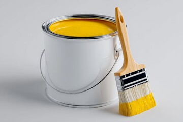 Bright yellow paint in a can with brush ready for home improvement projects and DIY activities