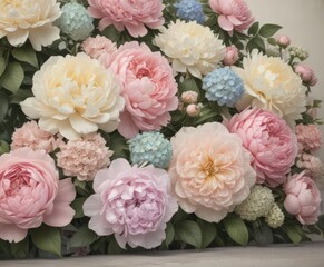 Pastel roses, peonies & hydrangeas  Vintage floral wall backdrop ,  event,  decoration