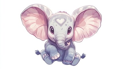 Cute, stylized elephant with large ears and a heart design