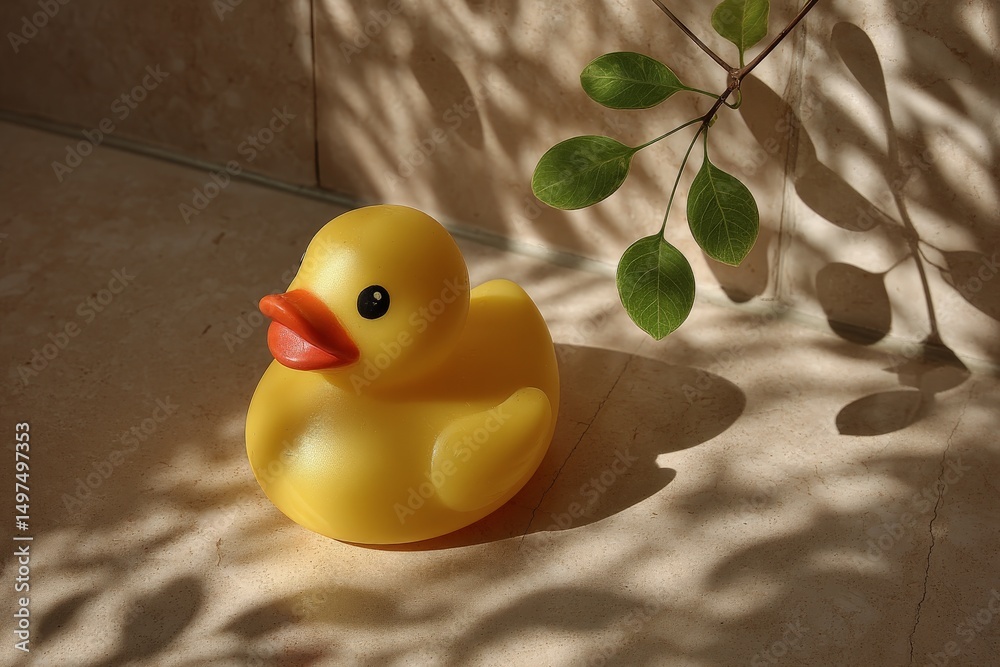 Poster yellow rubber duck resting on marble surface with shadows from nearby leaves in a well-lit space