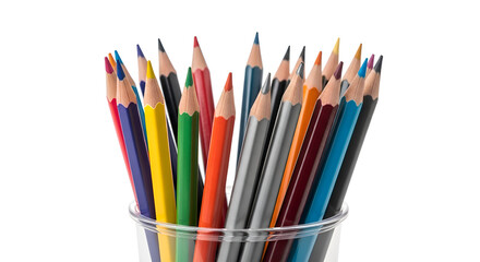 Fototapeta premium Close up of a set of sharpened colored pencils in cup holder, isolated on clean white