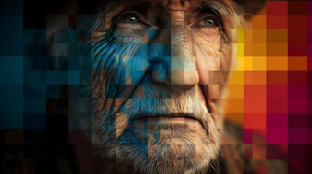 concept of digital immortality with pixelated elderly face rendered from data