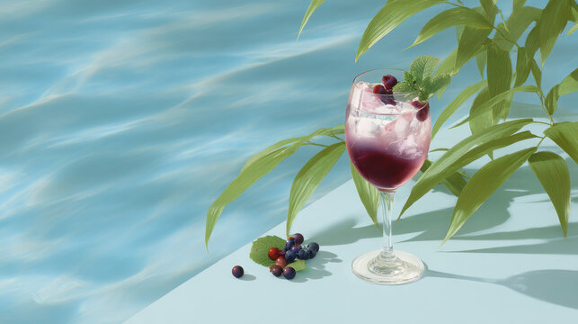 refreshing cocktail named summer fantasy elegantly placed on table beside shimmering pool surrounded by tropical