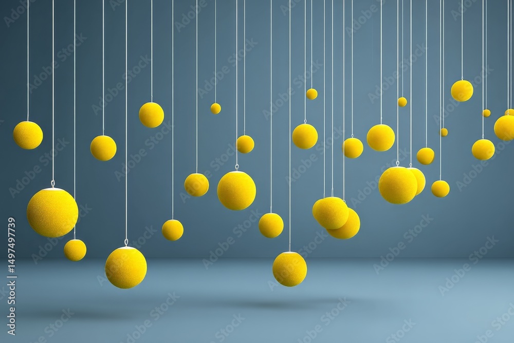 Aufkleber Hanging yellow spheres create a vibrant display in a minimalist setting with soft blue background