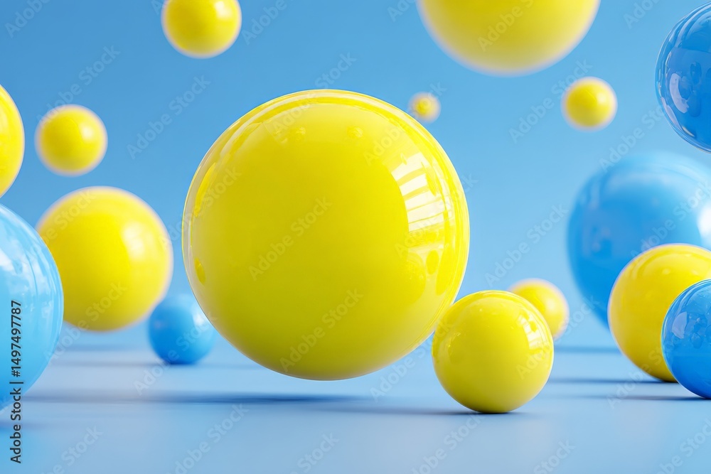 Poster Colorful spheres floating above a blue background create a vibrant and playful atmosphere in this dynamic composition