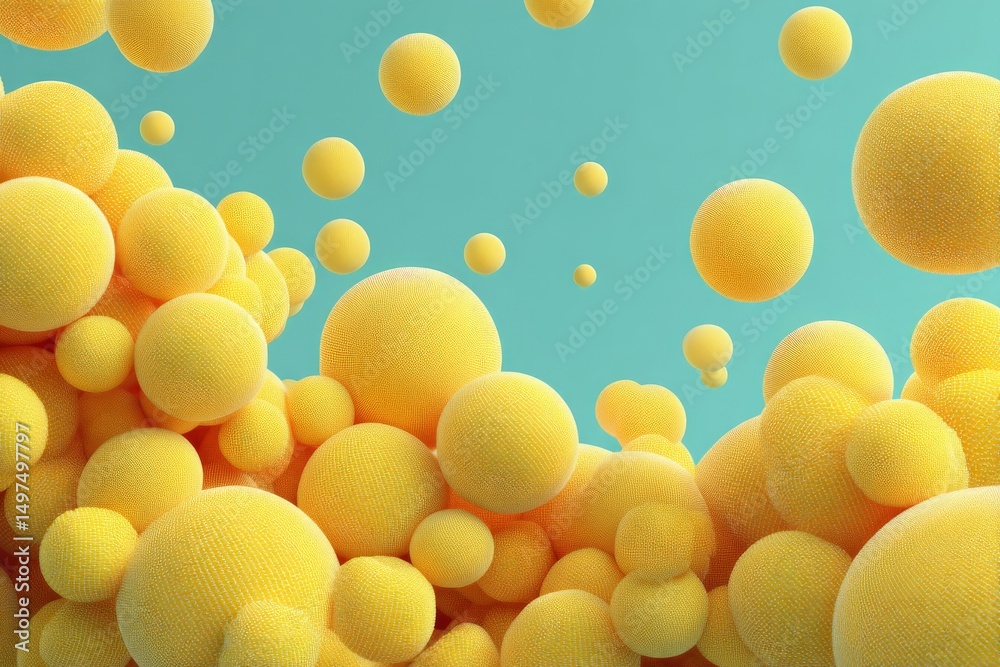 Poster colorful yellow spheres floating against a blue background create a vibrant abstract composition