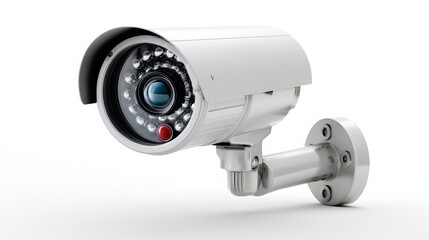 Security camera with a red button on the front. The camera is mounted on a wall