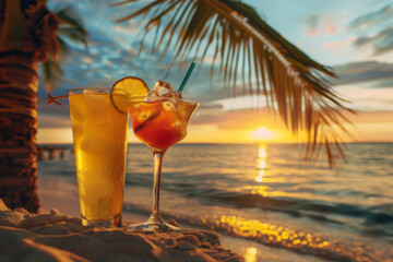 Tropical cocktails by the pool at sunset, with a serene ocean view and a vibrant sky backdrop.