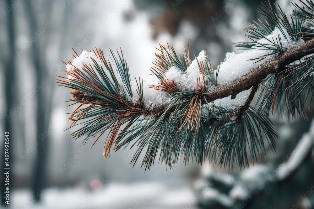 Poster snow-covered pine branch in a serene winter landscape with blurred trees in the background