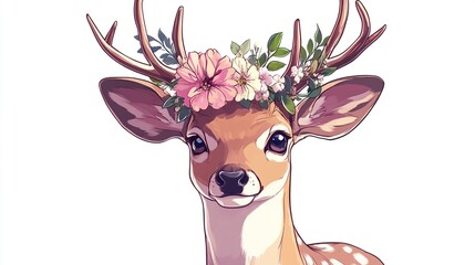 Deer with floral crown, soft colors, close-up