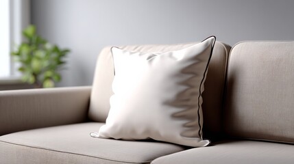White pillow sits on a couch in a living room. The couch is covered in a tan fabric and has a plant in the corner. The pillow is the only object in the image, and it is the main focus of the scene
