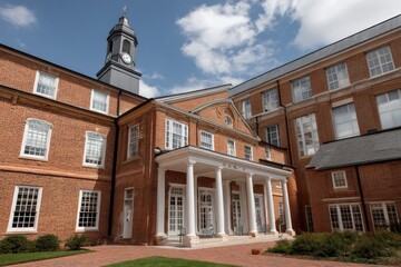 Fototapeta premium Historic brick building with clock tower and classic architecture in daylight