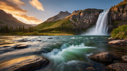 Majestic waterfalls cascade down the green mountain, a beautiful display of nature's flowing water over rocks