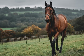 Brown horse walking through green pasture in a serene countryside setting under overcast sky