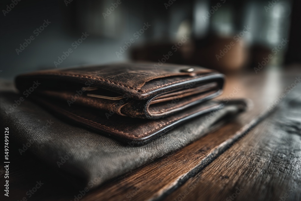 Poster vintage leather wallet resting on a textured fabric background in a cozy indoor setting during dayli