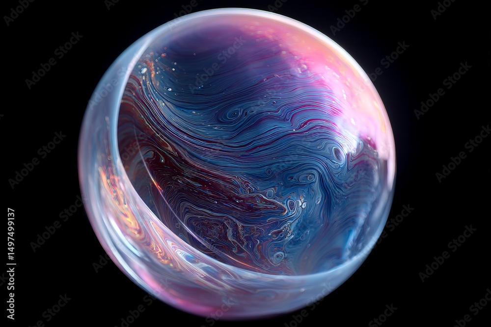 Poster colorful soap bubble with a swirl of vibrant hues floating against a dark background
