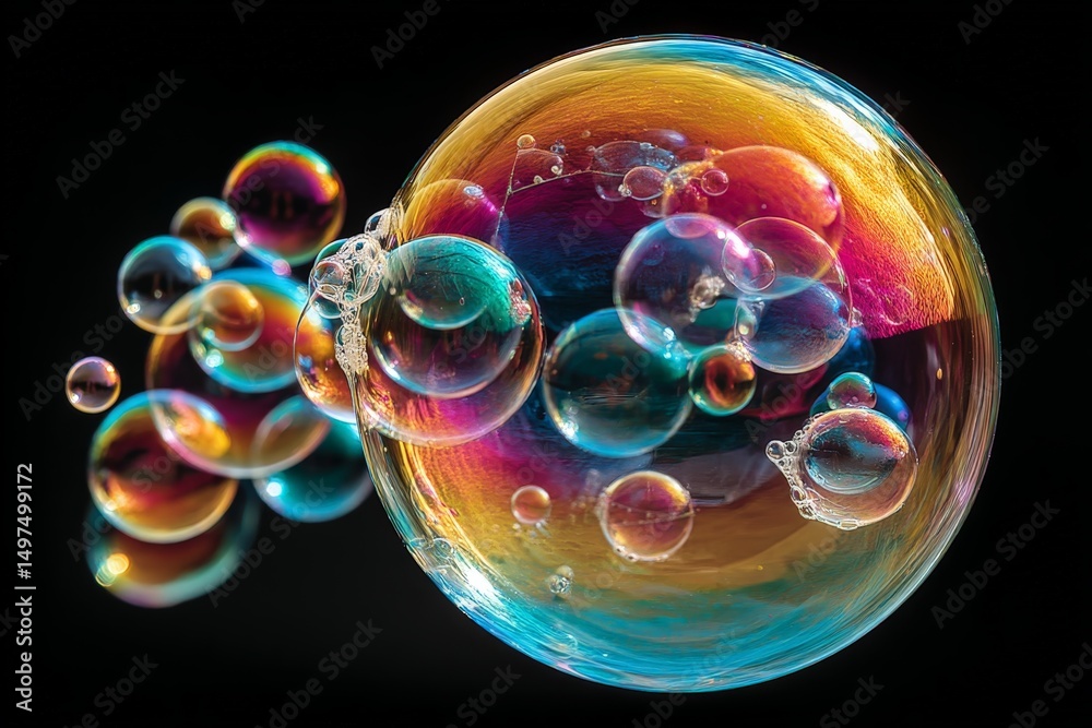 Aufkleber Colorful soap bubbles floating gracefully against a dark background in a magical display of light and reflection