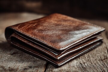 High-quality brown leather wallet resting on rustic wooden surface