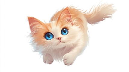 Fluffy, light orange-cream kitten with large, vibrant blue eyes, lying playfully