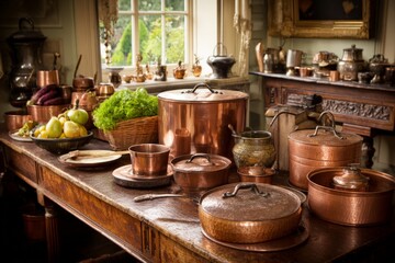Fototapeta premium Copper cookware and fresh produce arranged on rustic wooden table in a well-lit kitchen
