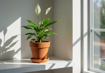 Fototapeta premium Peace Lily in Sunlight: A Tranquil Indoor Oasis