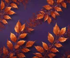 Intricate arrangement of burnt orange metallic leaves against a deep violet  Elegant fall pattern ,  vibrant, magenta, dry