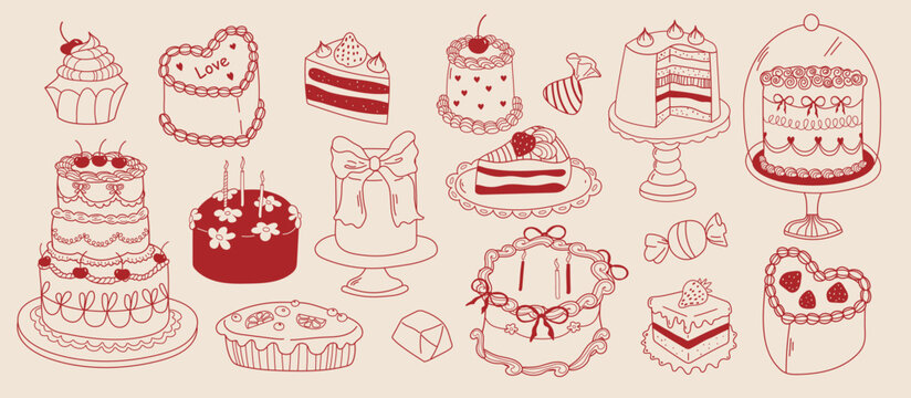 Set of hand drawn cakes, cupcakes, pies and desserts. Whimsical doodle pastry in coquette style. Line art sweet pastry food for wedding invitations, birthday cards, party decor, bakery menu . Vector