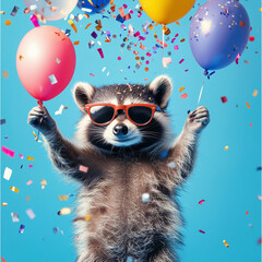 Funny cute raccoon wearing sunglasses holding happy birthday balloons and confetti explosion flying around greeting card on blue background with copy space -