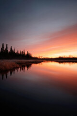 Fototapeta premium breathtaking sunset over serene lake in manitoba with ultrabright colors reflecting on water