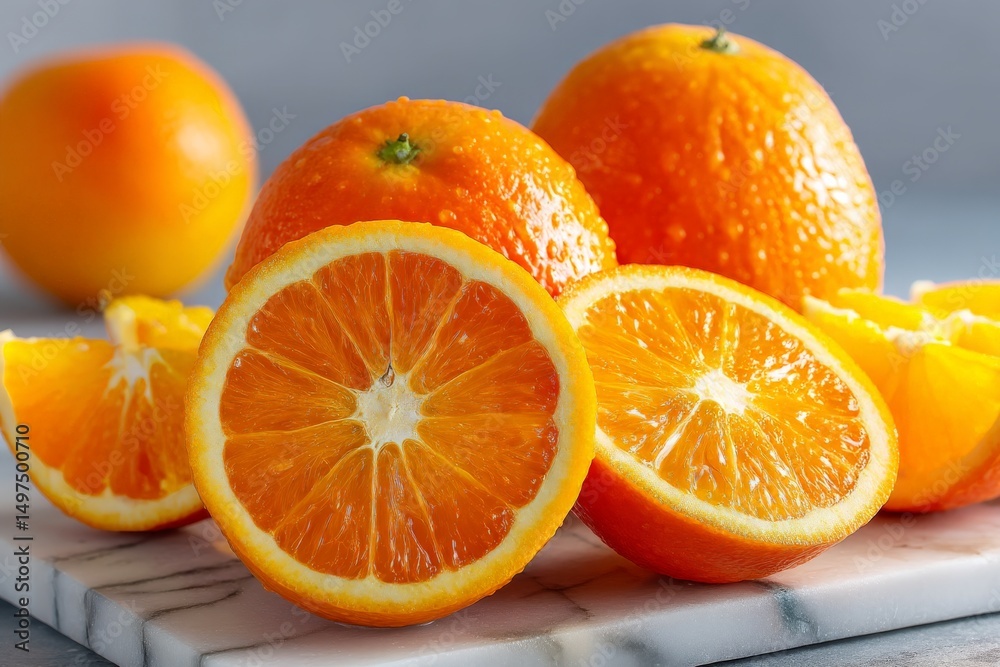Poster Freshly sliced oranges on a marble surface with whole oranges in the background during daytime