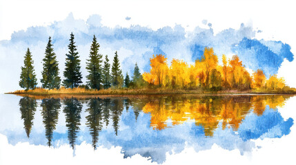 Serene watercolor landscape featuring tall evergreen trees and vibrant autumn foliage reflected in calm lake, evoking tranquility and beauty
