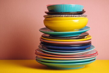 Colorful stack of ceramic plates and bowls showcasing vibrant kitchenware design against a pastel background