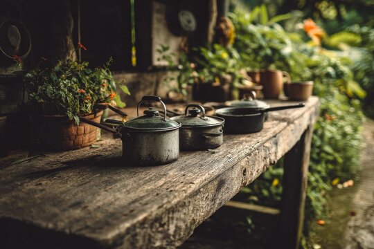 Old kitchen utensils and potted plants on a rustic wooden table in a lush outdoor garden setting
